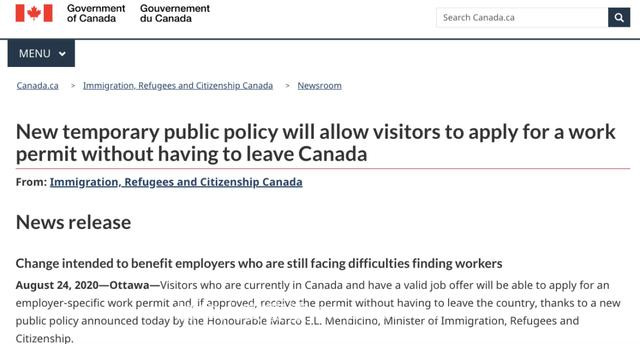 利好｜加拿大移民局官宣：境内滞留游客可直接申请工签