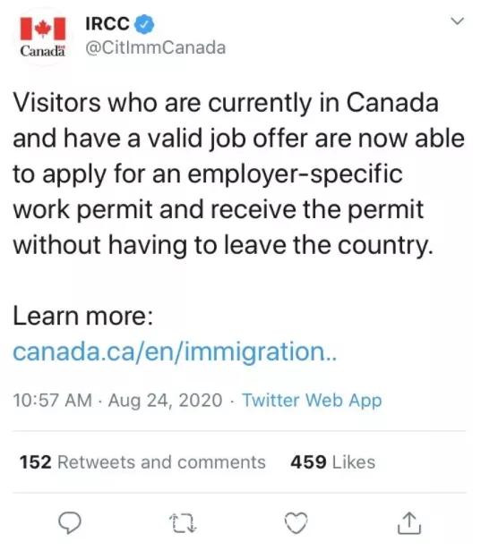 重磅！移民局宣布：满足这些条件的游客可在加拿大境内申请工签