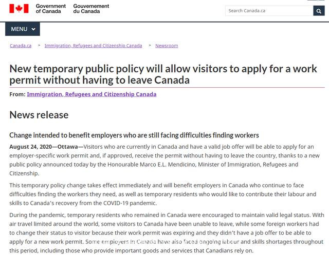 加拿大境内访客无需离境，但有条件申请封闭式工签！已附申请难点