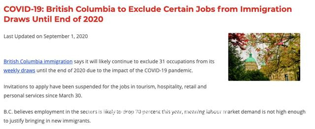 BC省旅游零售业受疫情重创，省提名项目宣布暂停31个职位邀请