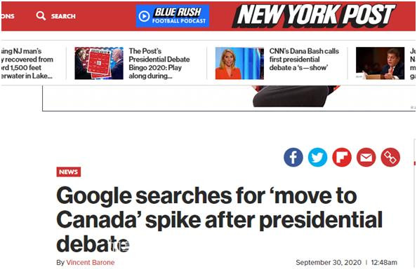 美国大选首场辩论后，“搬去加拿大”搜索量激增……加网友：我们需要建一堵墙