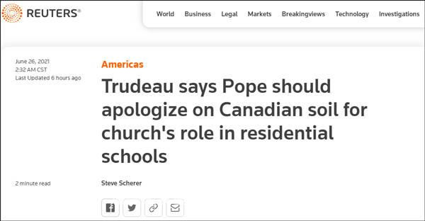 特鲁多：教皇应该来加拿大向原住民道歉