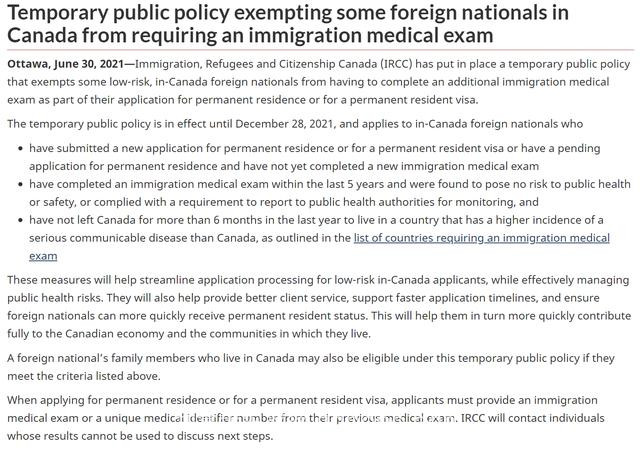 加拿大豁免某些在加拿大境内的移民申请人的体检要求