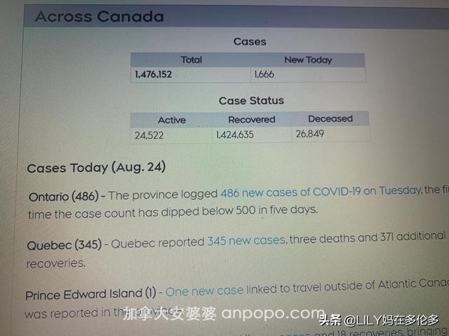 加拿大疫情更新，美东时间8月24日